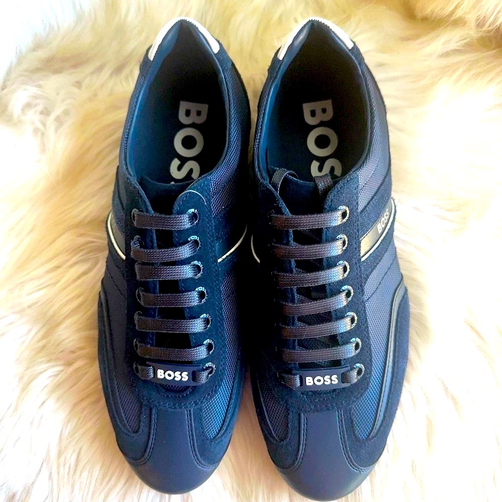 NEW BOSS Men's Navy Sneakers with White Accents /40